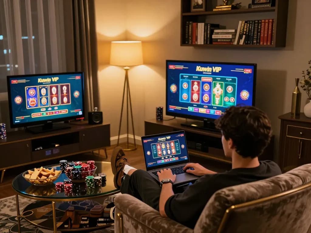 Kuwin VIP gaming in a cozy home setup, showcasing online casino gameplay on a laptop.
