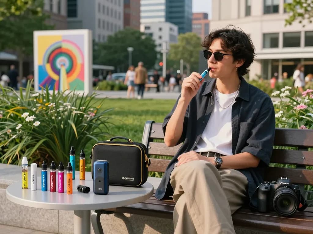 Acquistare puff THC in una scena di un parco urbano alla moda con una persona che gode di una penna per vaping THC circondata da accessori colorati per il vaping.