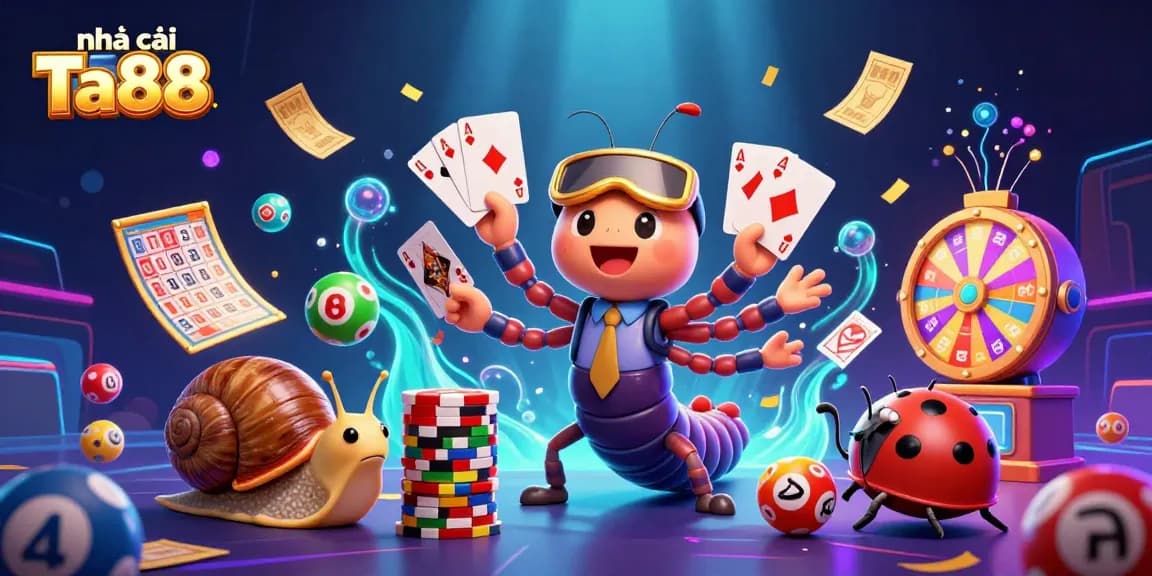 Engage players at nhà cái Ta88 with a whimsical, dynamic 3D casino illustration featuring vibrant games and rich interactions.