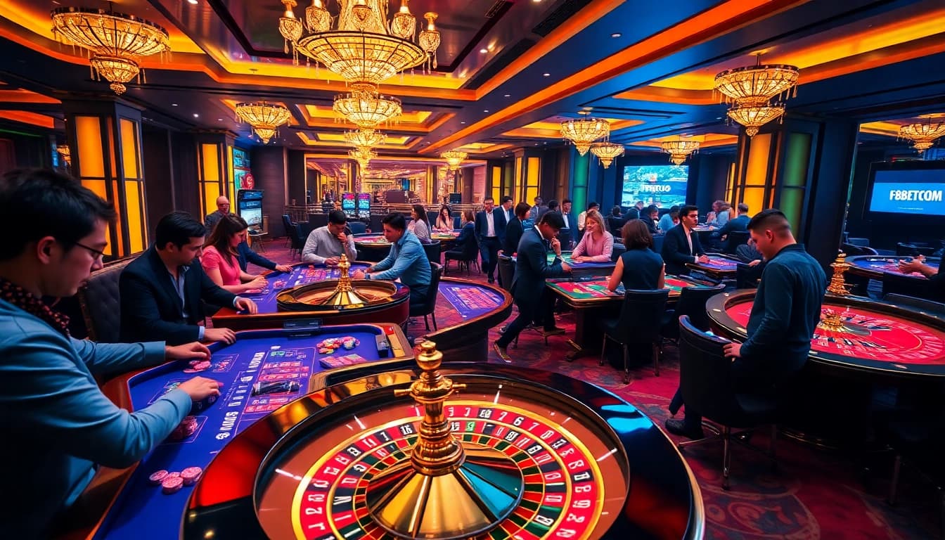 Players enjoying an exciting game at F8BETCOM, showcasing vibrant casino elements and atmosphere.
