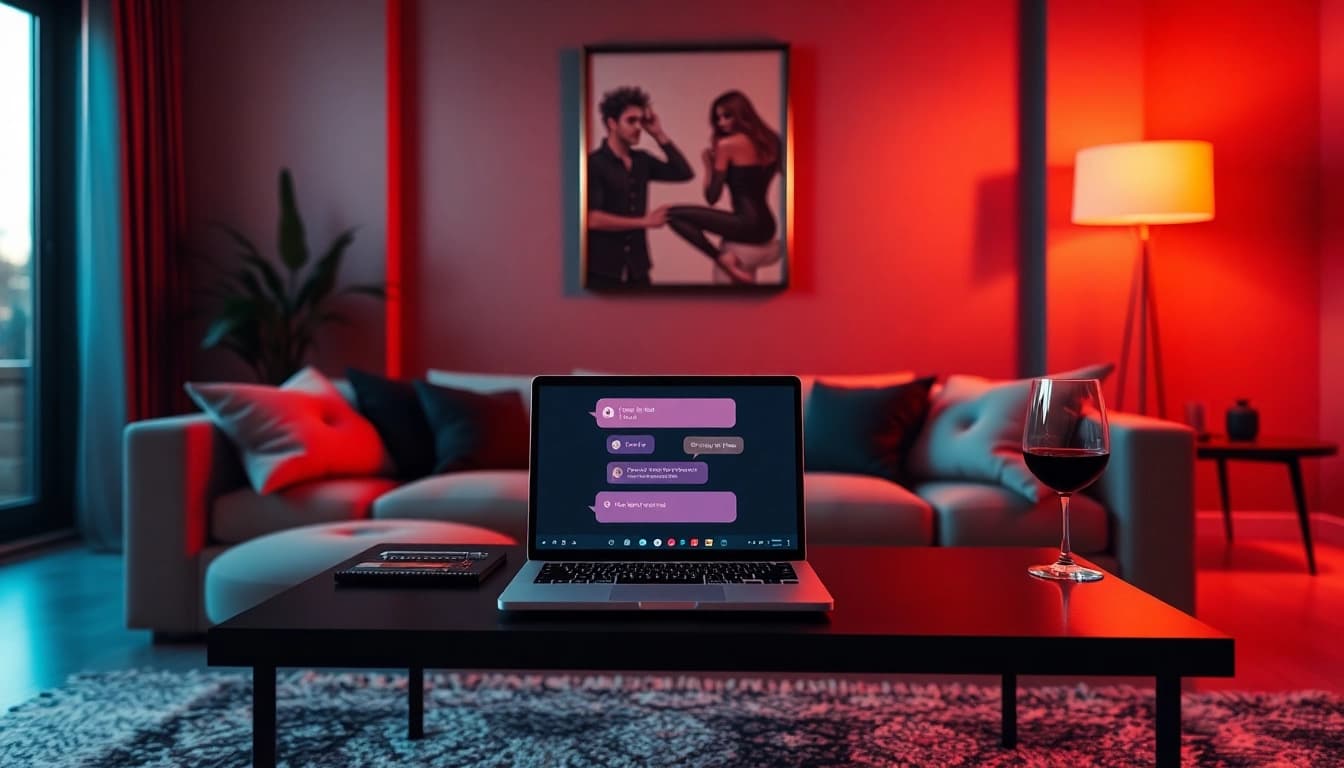 Engage in intimate conversations with a porn chat AI in a cozy, inviting modern living room setting.