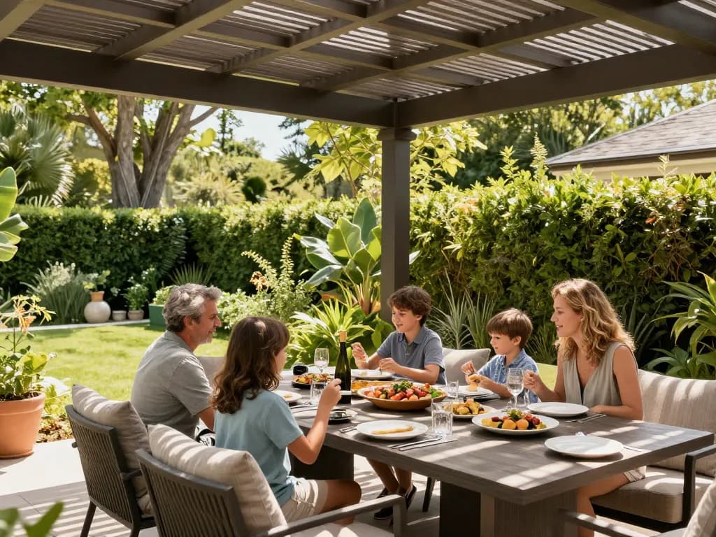 Experience the configuratore 3D per pergole in a vibrant outdoor setting with family enjoying a meal.