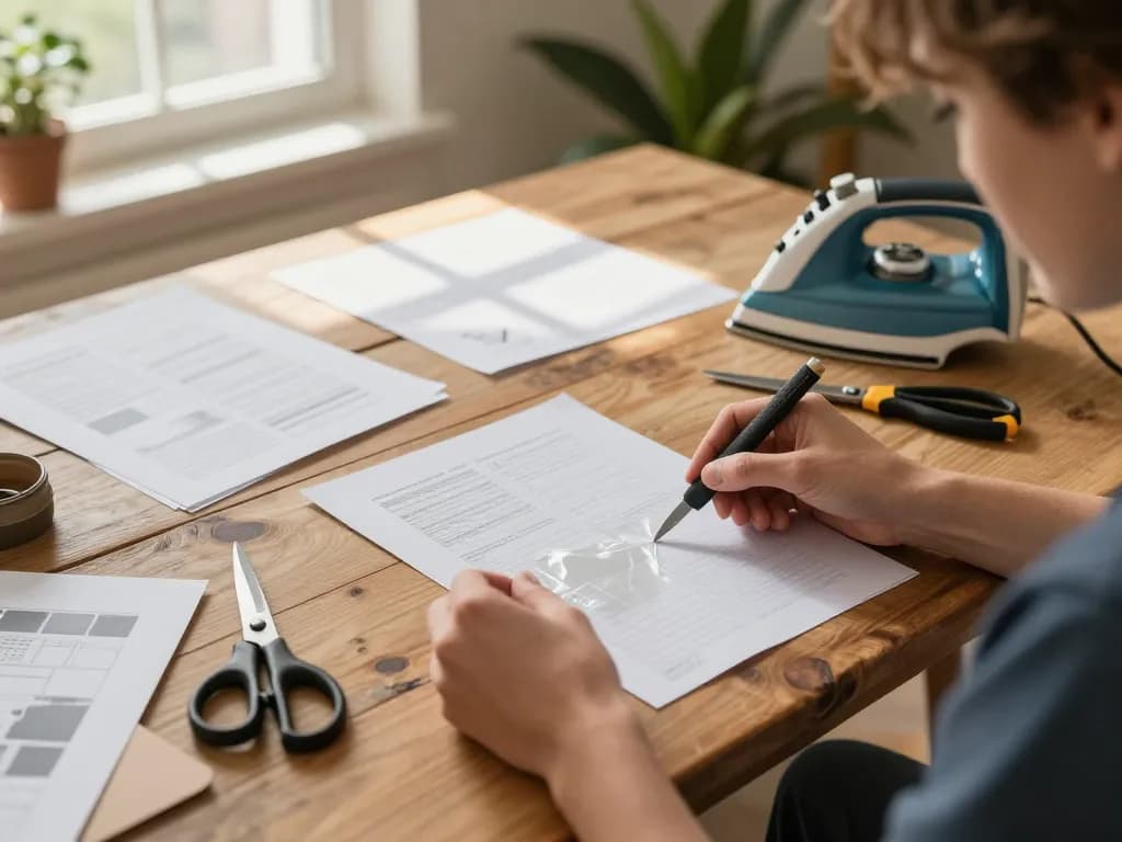 cách bóc lớp ép plastic tại nhà with a person removing laminate from papers using tools in a cozy home workspace.