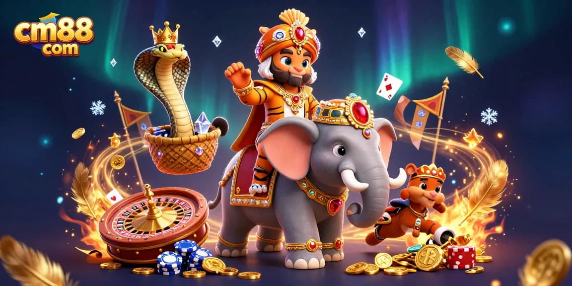 Experience thrilling gaming at cm88 com with a vibrant 3D illustration featuring a jeweled elephant and captivating characters.