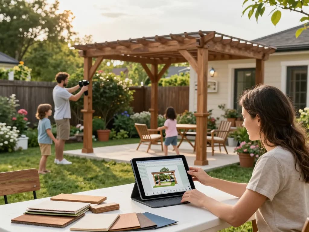 Configura le tue pergole 3D mentre una famiglia personalizza un modello nel giardino, momenti di arredo esterno e divertimento.
