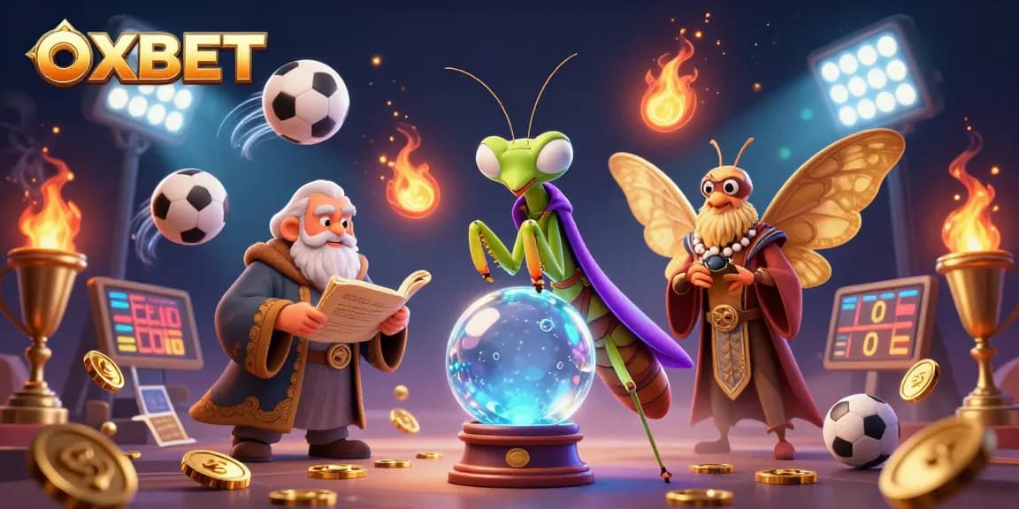 Experience the thrill of OXBET with vibrant casino elements featuring sports balls and magical characters.
