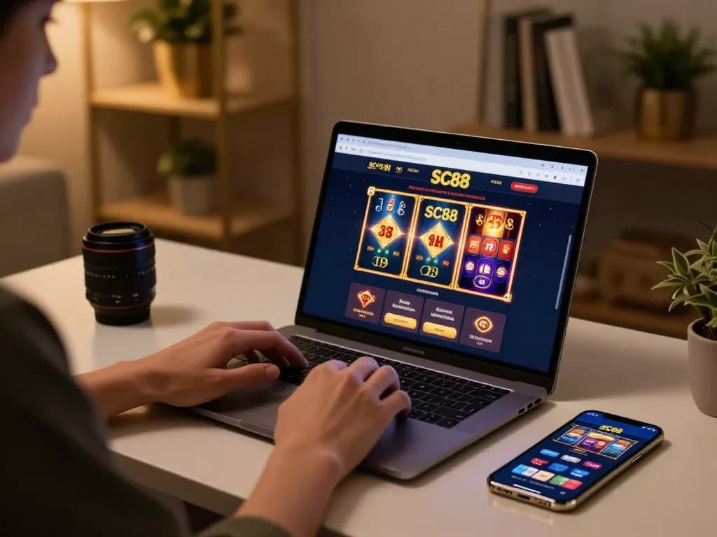 Engaging gameplay on SC88 casino platform shown on laptop screen, highlighting excitement of online gambling.