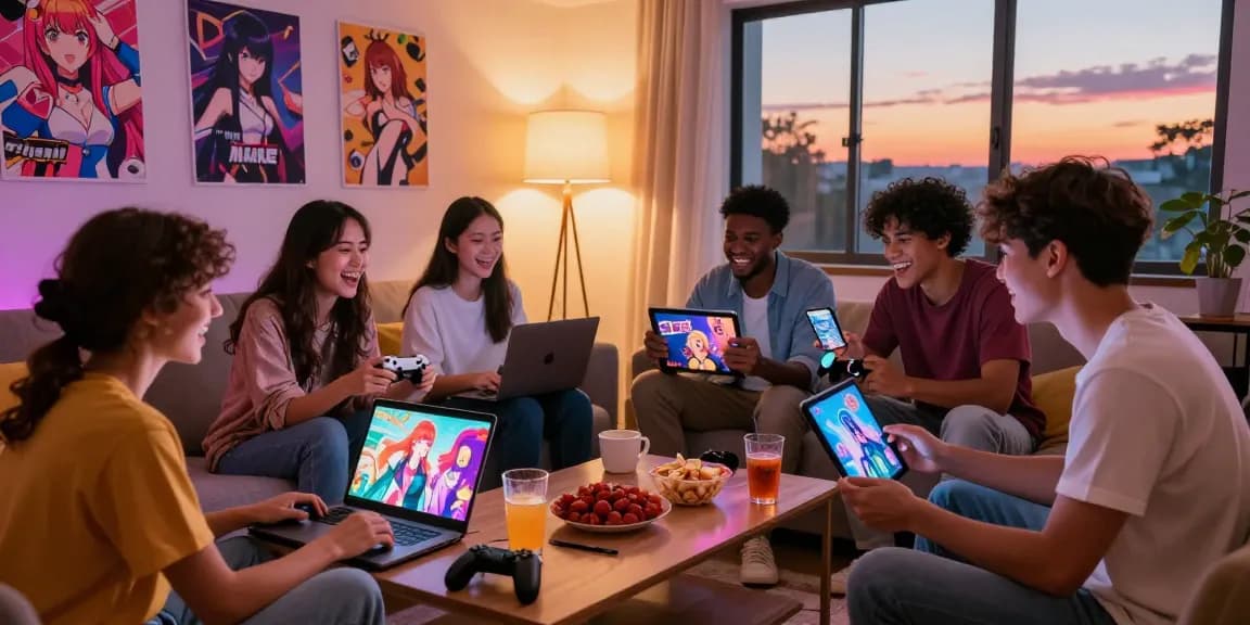 Engaged friends playing hentai games on various devices in a cozy living room.
