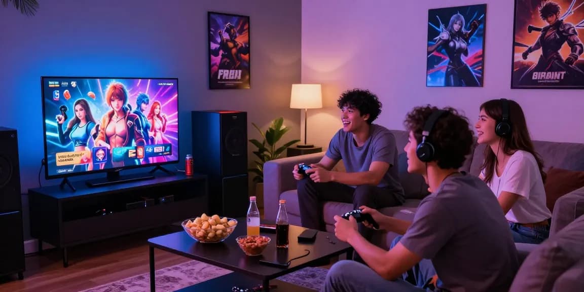 Group of friends enjoying free hentai games together in a vibrant gaming room.