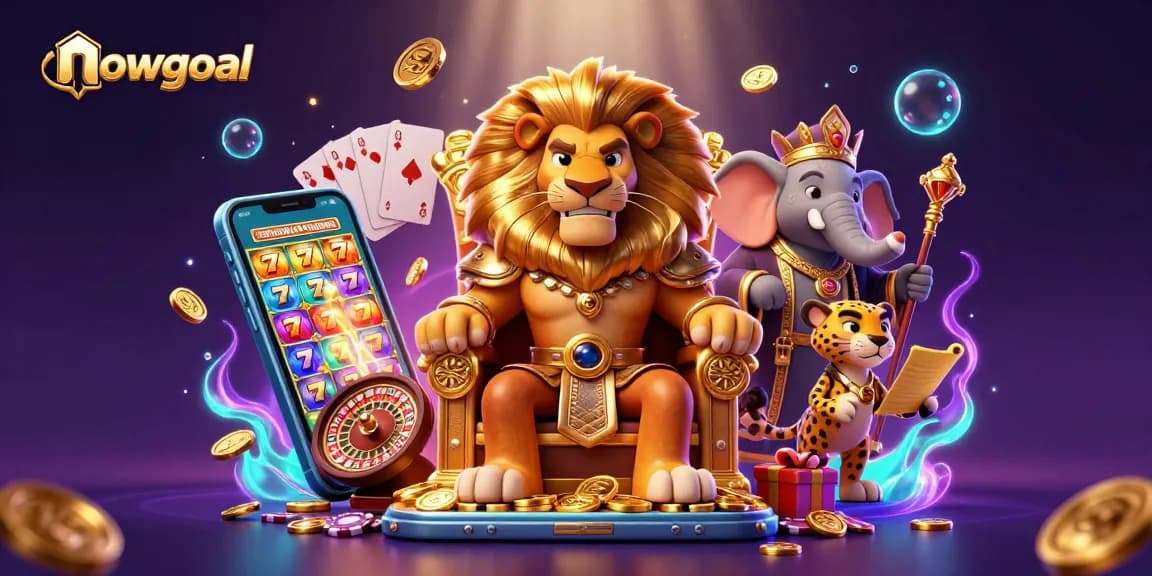 Watch nowgoal's fierce lion king surrounded by vibrant slot games and dynamic casino elements