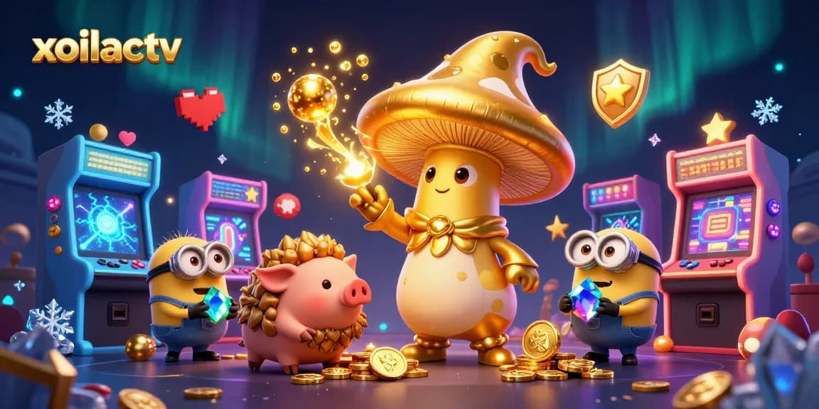 xoilactv showcases vibrant casino elements with a wizard transforming things into gold amidst partying characters