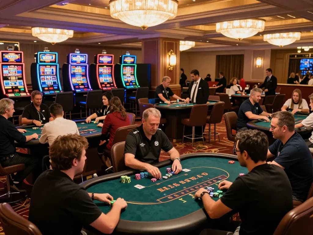 Engaged players at poker tables showcase their skills for a sure win at the bustling casino floor