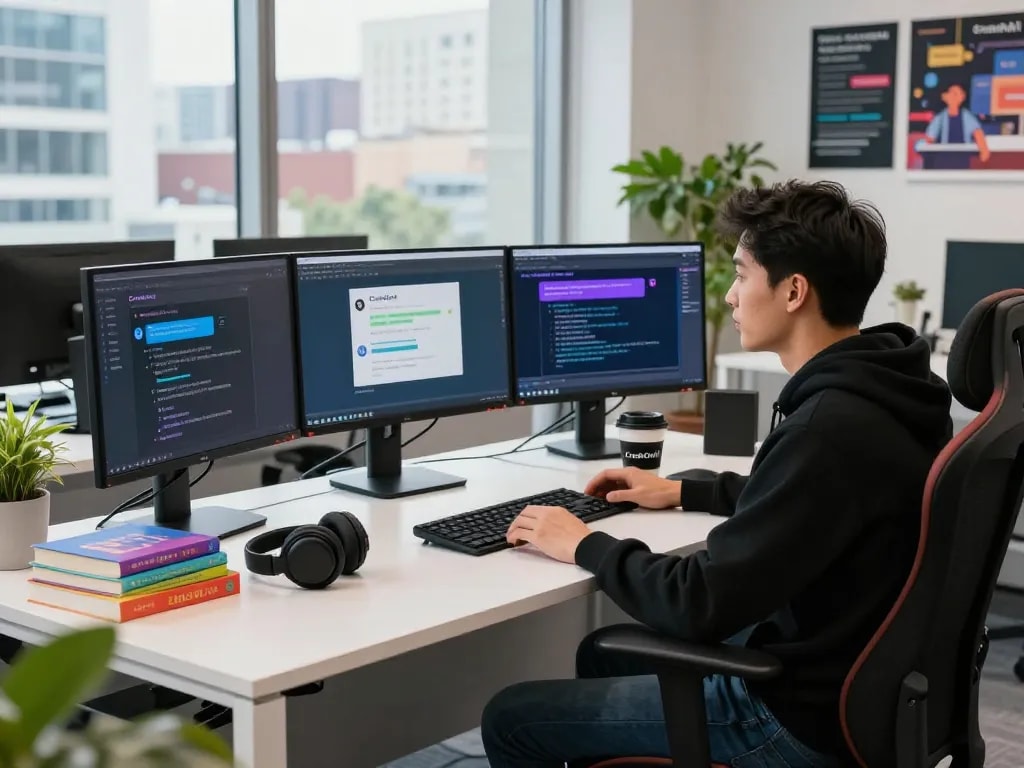Developer engaging with CrushOnAI's vibrant AI chat interface in a modern tech workspace