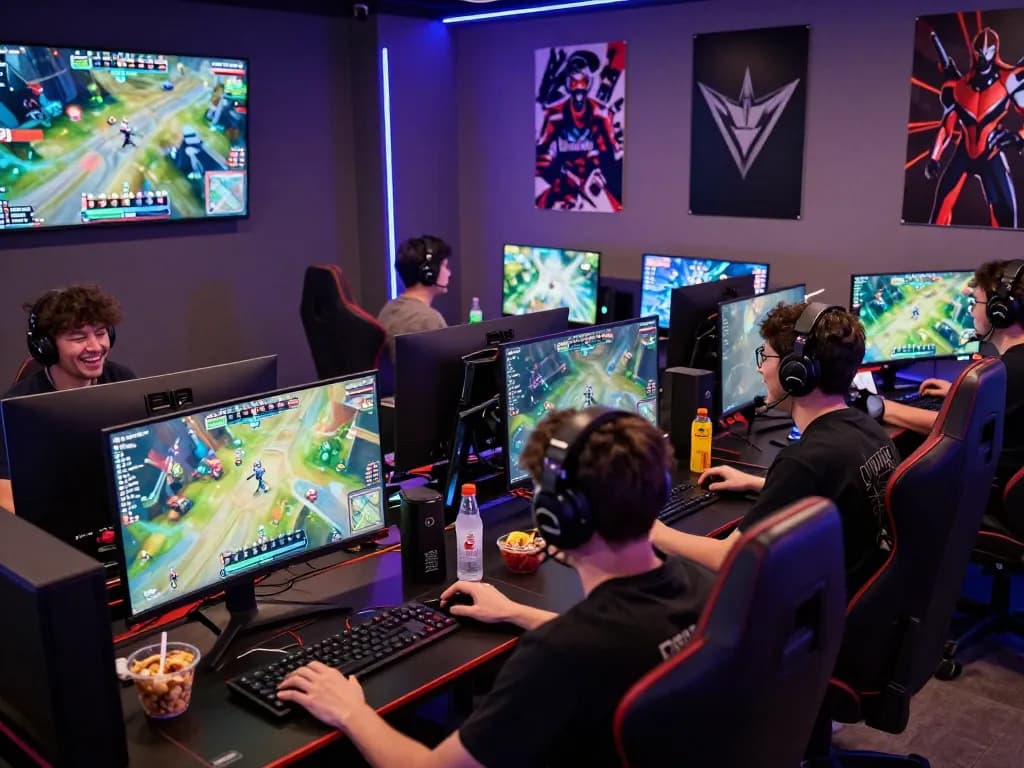 Exciting gaming setup showcasing players intensely engaged in multiplayer action on https://go999.de.com, bright LED lights, snacks, and vibrant atmosphere.