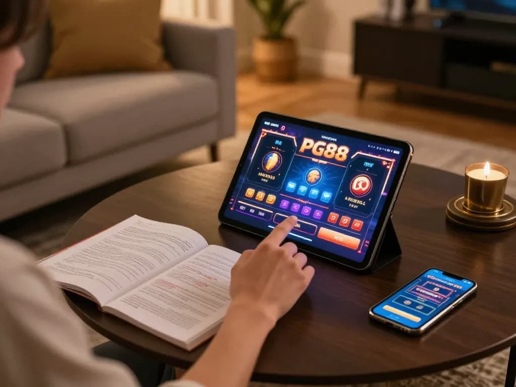 Person enjoying online gaming at PG88 with a cozy atmosphere and strategic notes