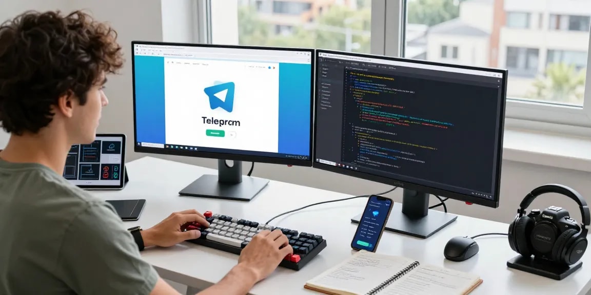 Developer using the Telegram web version on a dual-monitor setup in a vibrant workspace.