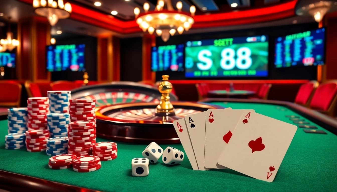 SC88 enhances the gaming experience with vibrant casino visuals showcasing roulette, poker chips, and luxurious ambience.