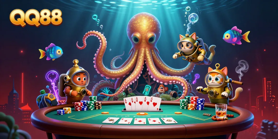 Engage with QQ88's thrilling poker adventure featuring a kraken and diving cat in a colorful underwater casino.