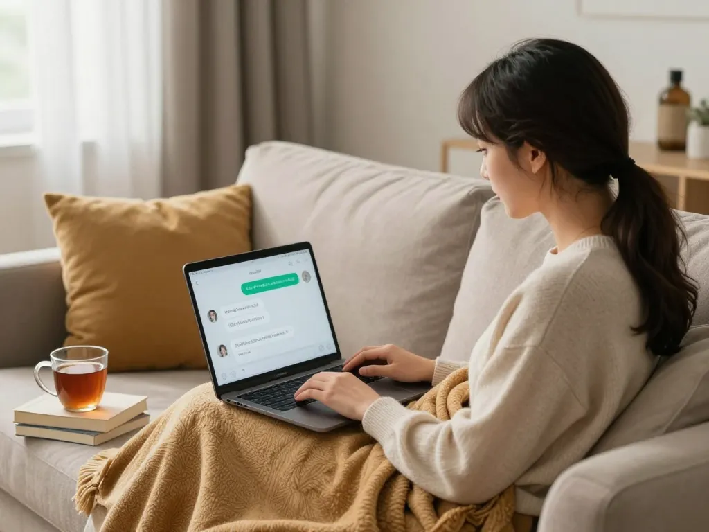 Person using sex ai chat on laptop in a cozy living room.