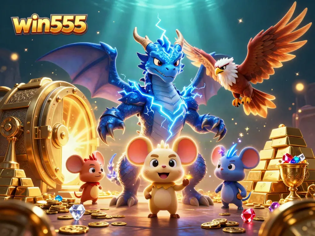 Experience thrilling wins at win555 with a dynamic scene showcasing magical characters and treasures.
