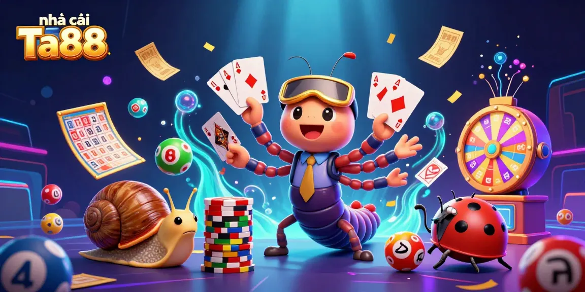Engage players at nhà cái Ta88 with a whimsical, dynamic 3D casino illustration featuring vibrant games and rich interactions.