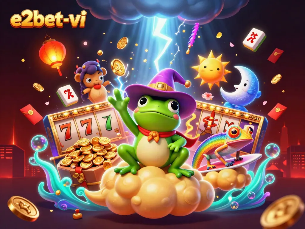 Bet big with e2bet-vi as a weather wizard frog casts a storm of coins in a vibrant casino scene.