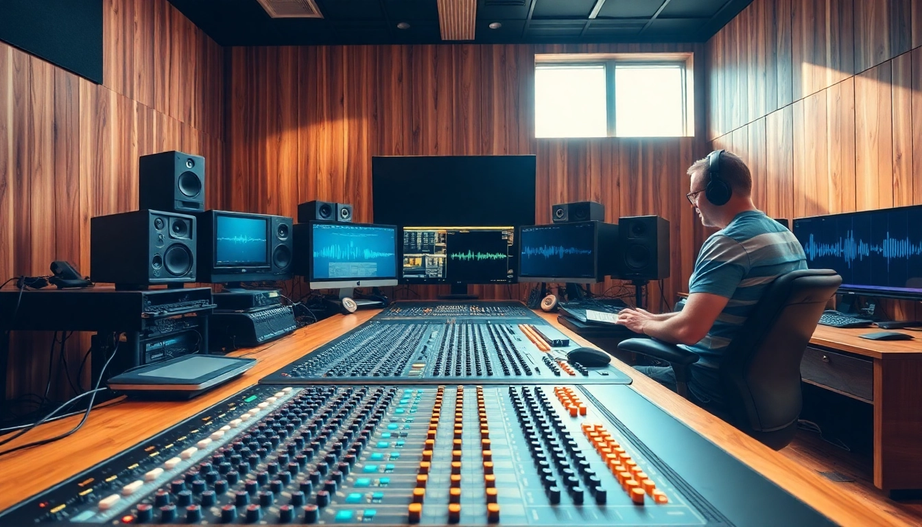 Engineers performing online audio mastering in a bright, professional studio environment.