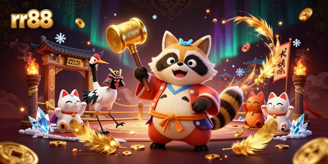 Bet on rr88 with joyful tanuki mascot and festive symbols in a rich casino scene.