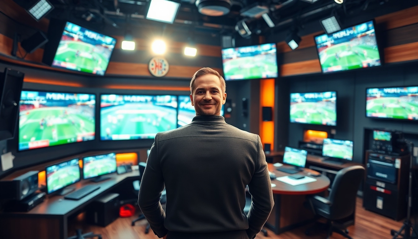 Sports Broadcasting presenter engaging with audiences amidst high-tech studio setup.