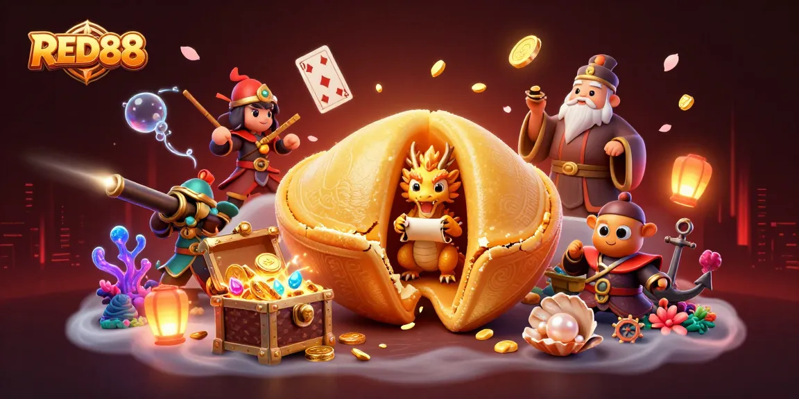 Experience thrilling action at RED88 with a golden fortune cookie, wise dragon, and colorful gems!