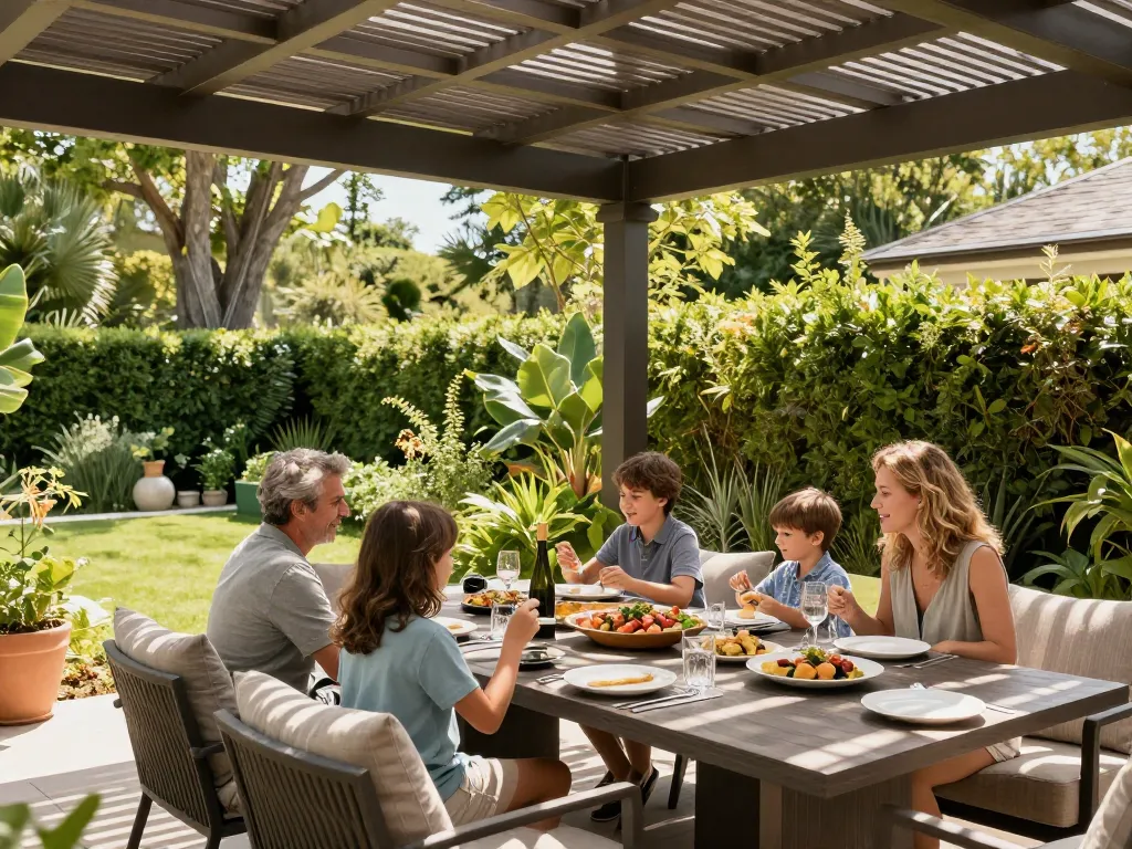 Experience the configuratore 3D per pergole in a vibrant outdoor setting with family enjoying a meal.