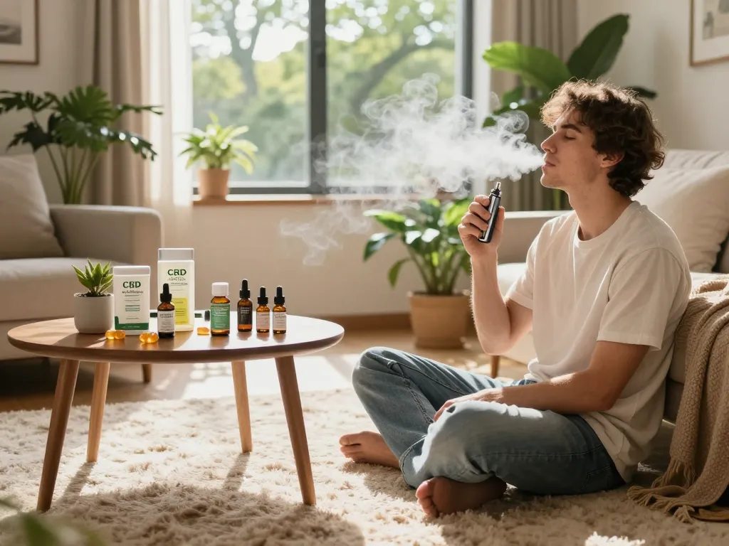Vaporizatori THC con olio CBD premium e dispositivo per il vaping in un ambiente di benessere rilassante, che mostra prodotti naturali e uno stile di vita sano.