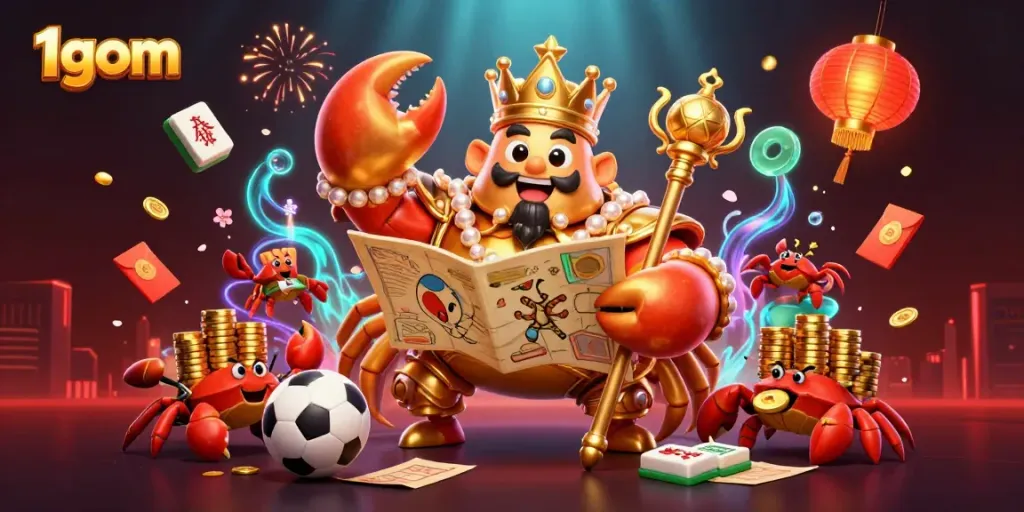 Engage in thrilling betting strategies with 1gom's golden crab emperor illustration, showcasing sports elements.