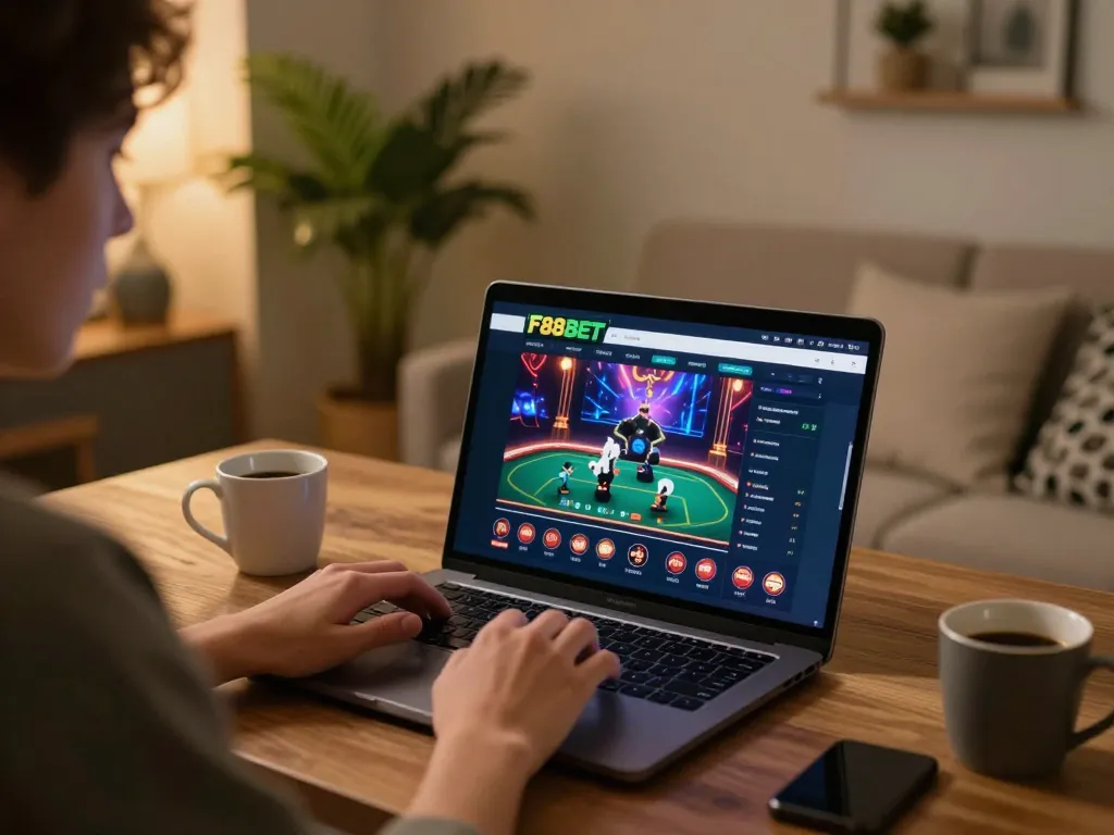 Engaging in F88BET online gaming with live dealer experience in a cozy home setting.