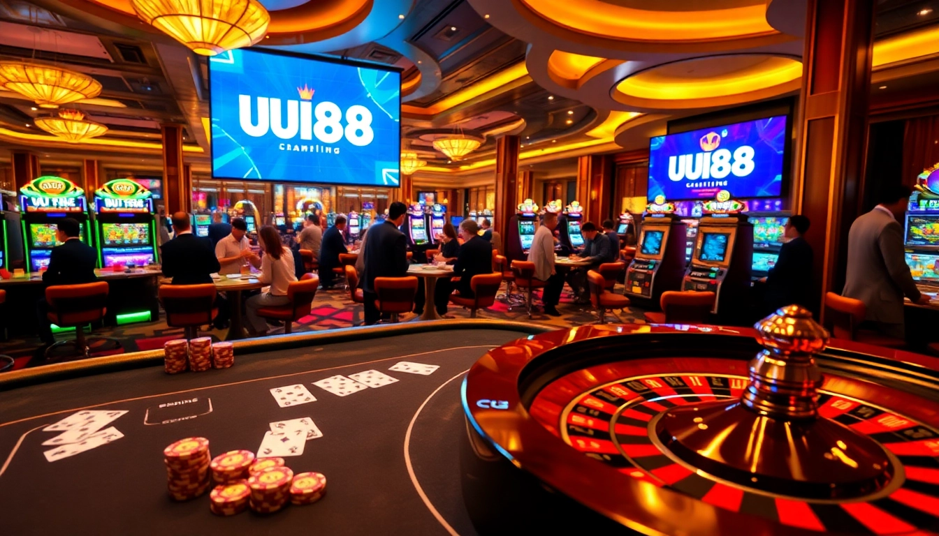 Exciting casino scene showcasing UU88 with poker chips and roulette wheel, inviting gamblers to join.