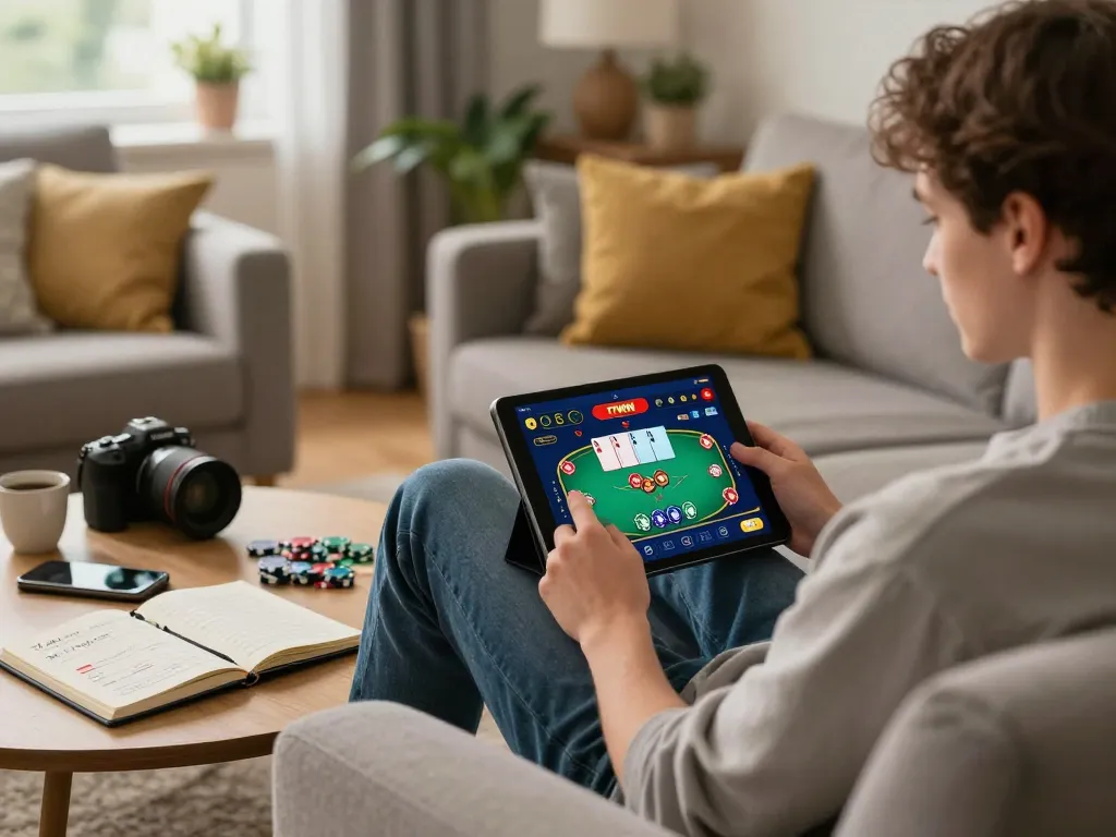 Player engaging with the 77WIN app on a tablet for an exciting home gaming experience.