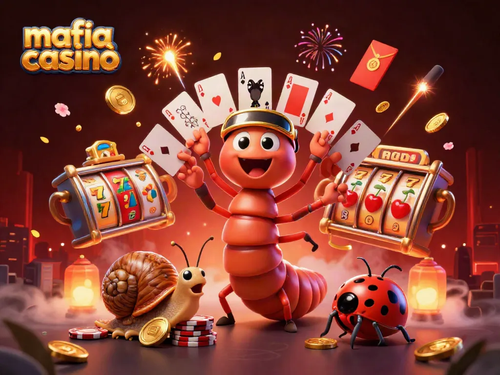 Experience the vibrant excitement of mafia casinò with a dynamic 3D illustration of a dealer and players.