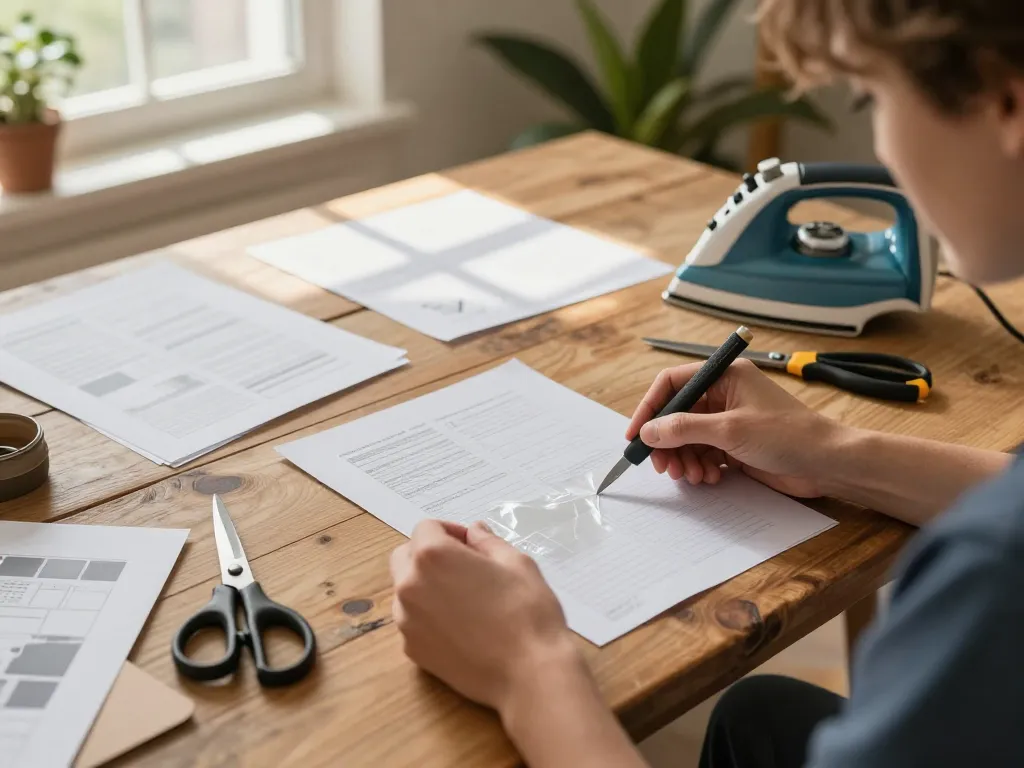 cách bóc lớp ép plastic tại nhà with a person removing laminate from papers using tools in a cozy home workspace.