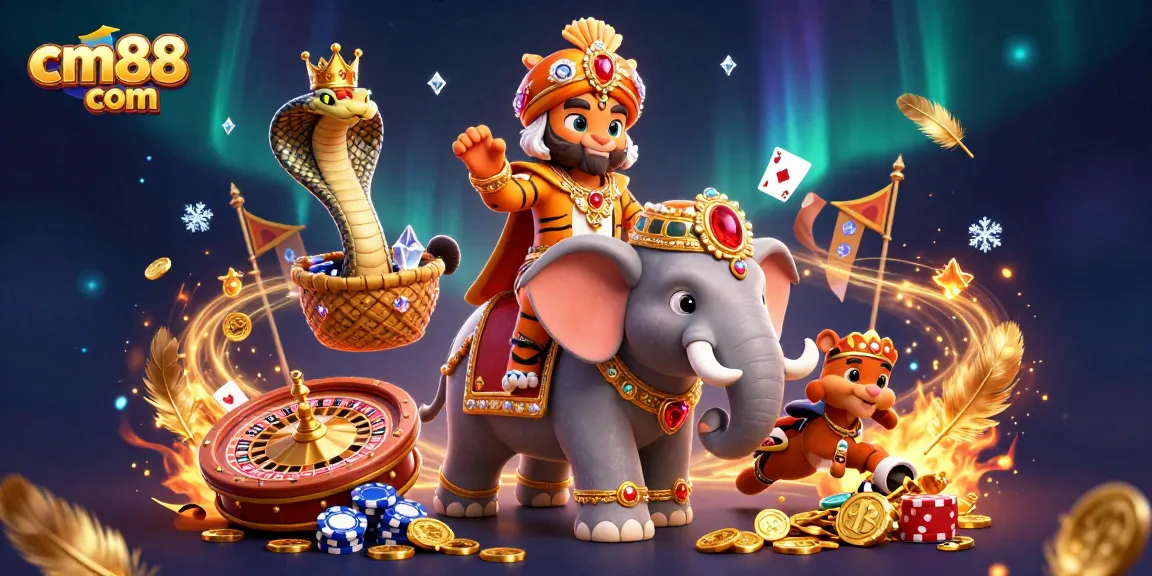 Experience thrilling gaming at cm88 com with a vibrant 3D illustration featuring a jeweled elephant and captivating characters.