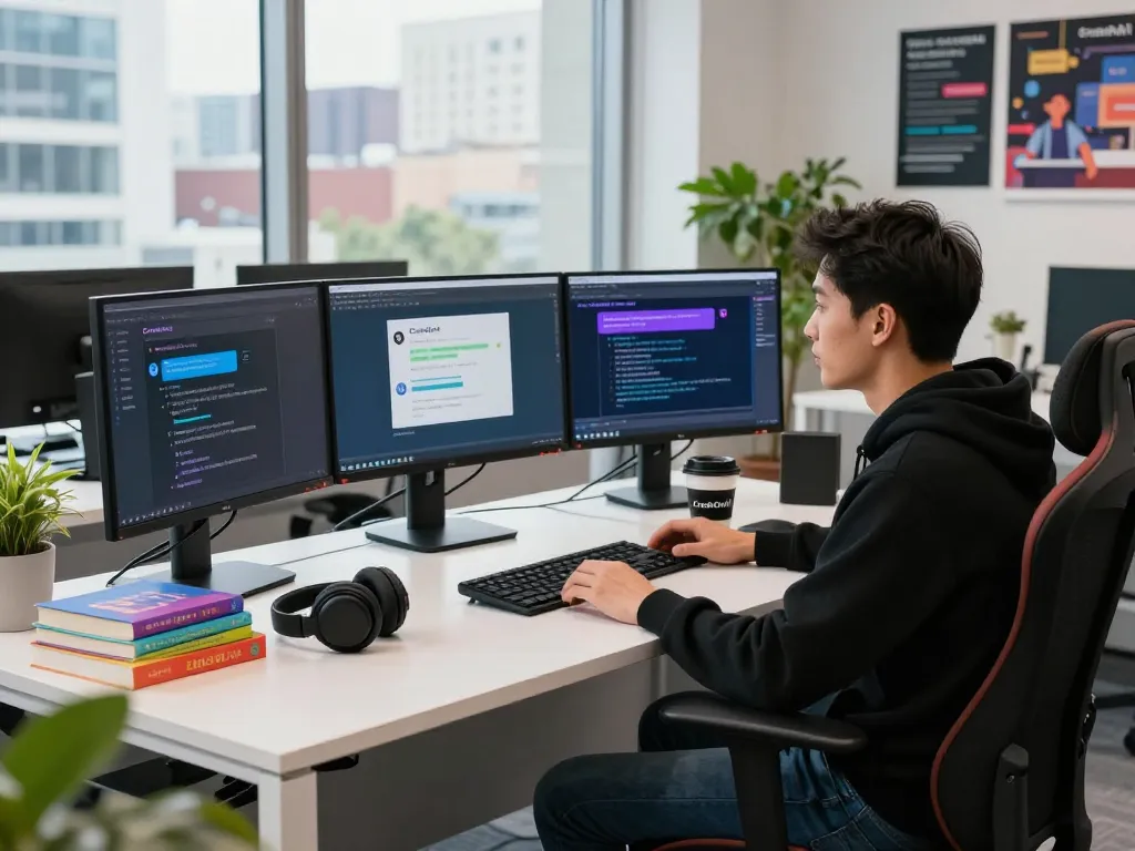 Developer engaging with CrushOnAI's vibrant AI chat interface in a modern tech workspace