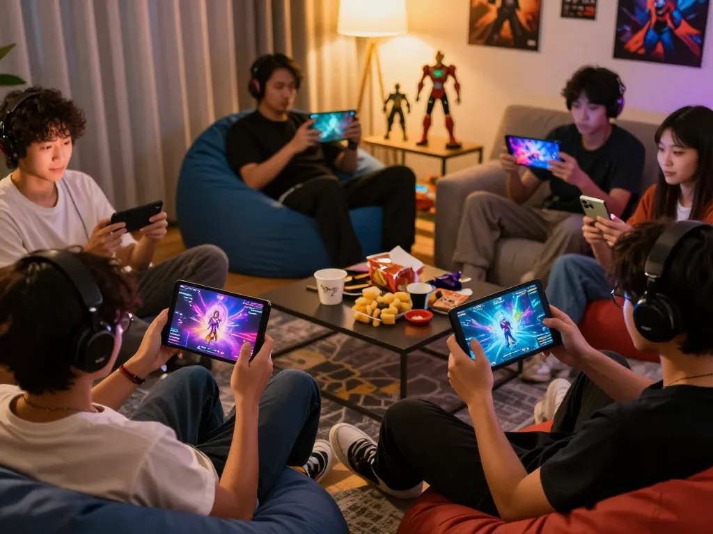 Engaged players enjoying mind control porn games in a cozy setting with vibrant graphics.