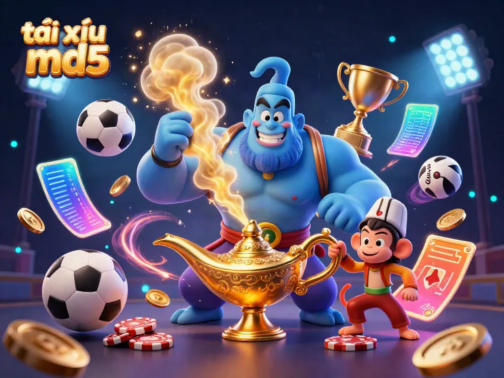 Experience the thrilling game of tài xỉu md5 with a genie and magical elements celebrating golden sports betting.