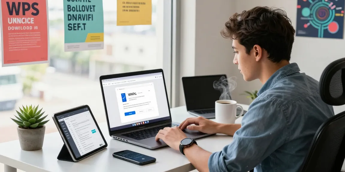 WPS Download session in a modern office workspace with tech elements