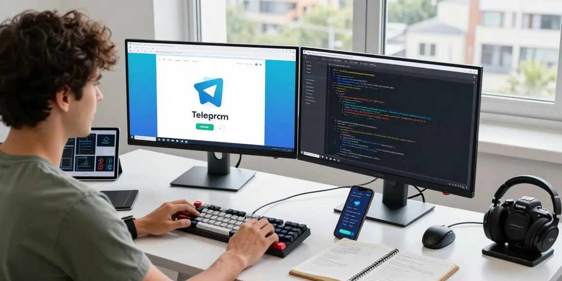 Developer using the Telegram web version on a dual-monitor setup in a vibrant workspace.