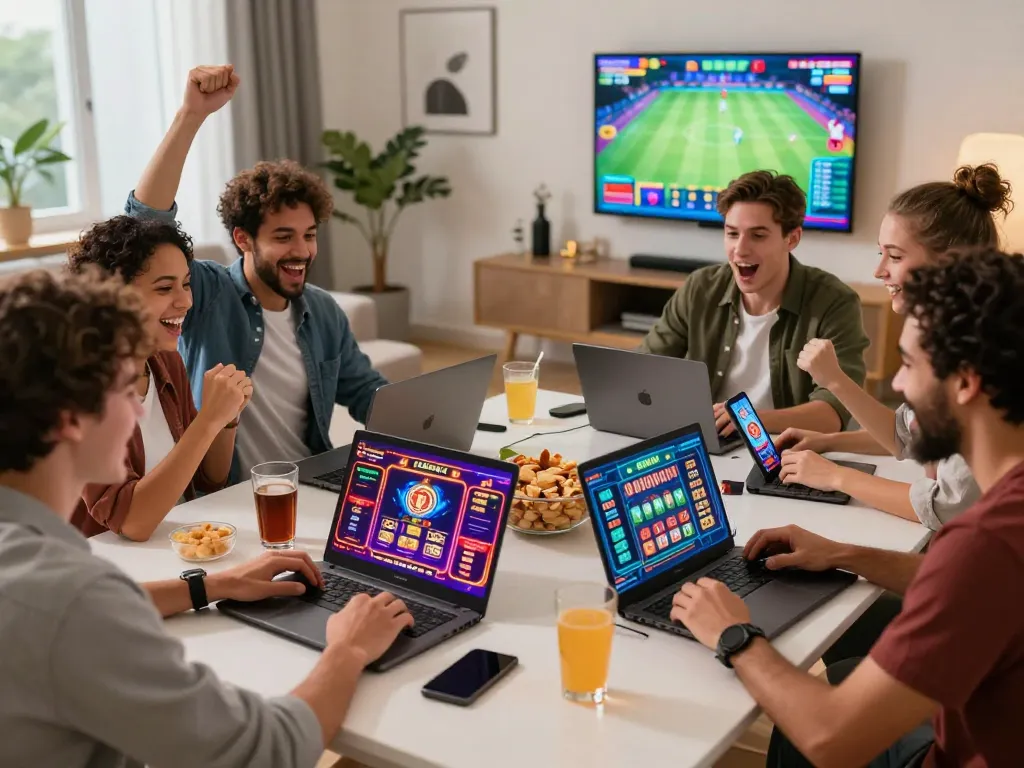 Friends enjoying 68win online games together in vibrant living room setting.