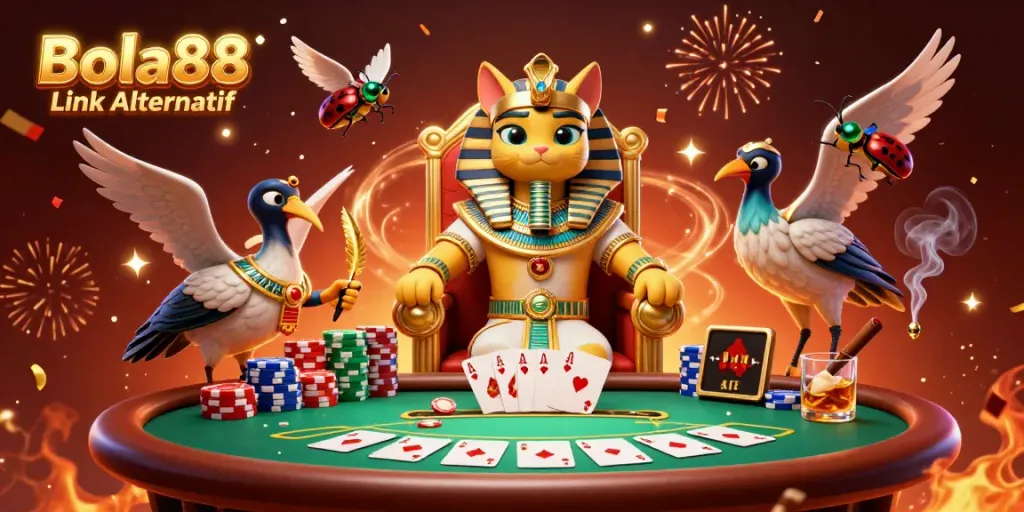 Experience the thrill of betting with Bola88 Link Alternatif featuring a pharaoh cat and festive elements.
