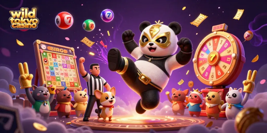 Experience the excitement of wild tokyo casino with a lively 3D illustration of a panda wrestler and animated casino elements.