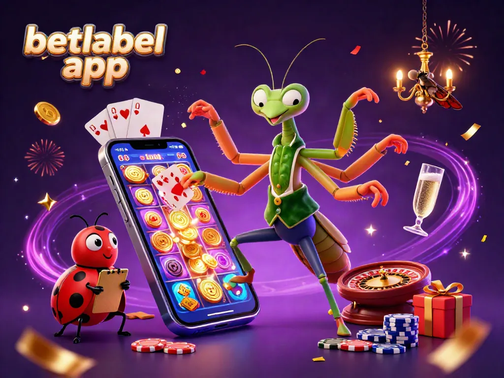 Betlabel app showcases a giant mantis and ladybug in a vibrant casino scene, creating excitement.