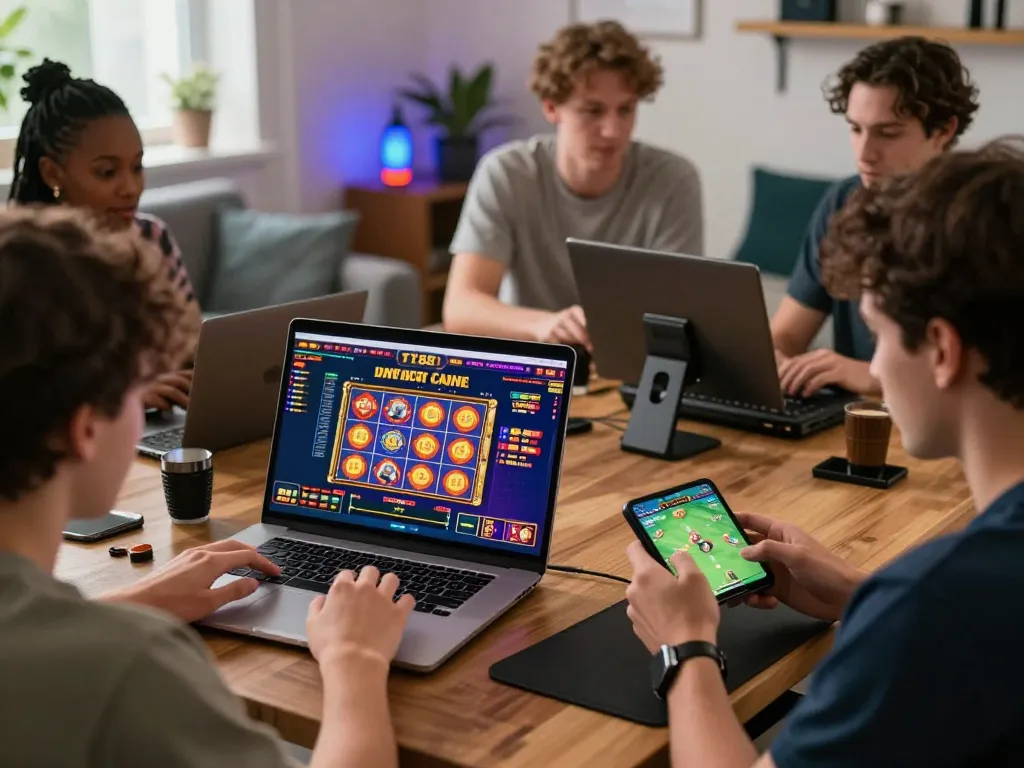 Vibrant online gaming experience on https://tt888.de.com, showcasing players enjoying casino games, sports betting, and slot machines in a modern gaming lounge.