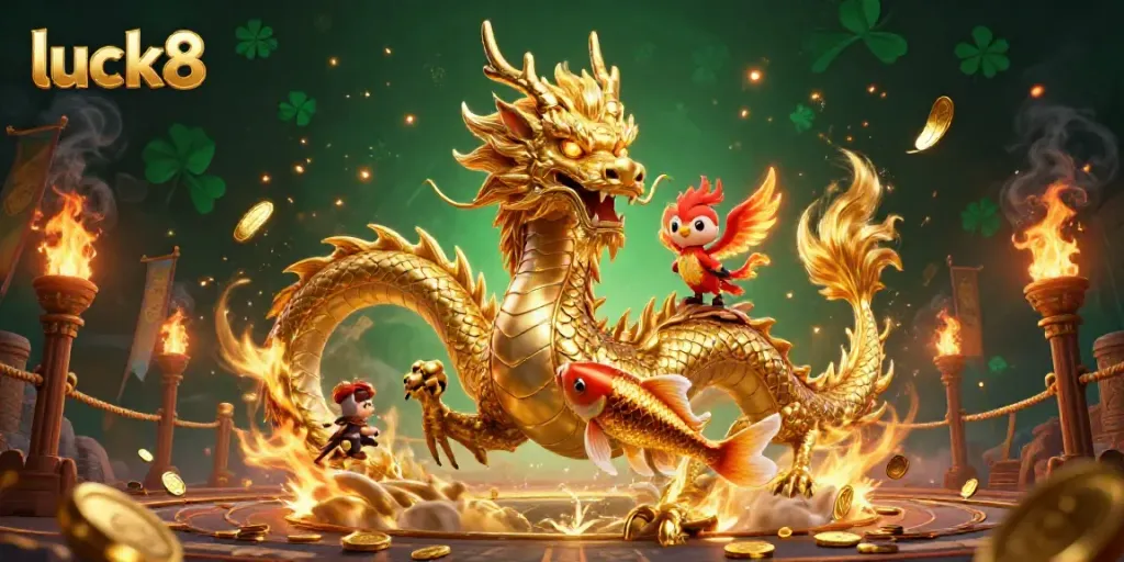 Experience luck8's epic gaming adventure with a fierce golden dragon and phoenix over leaping koi amidst coins.